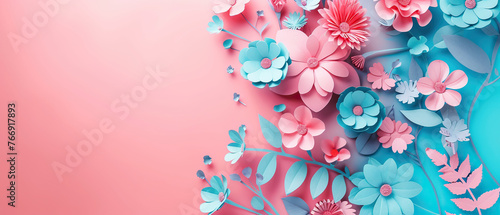 A pink and blue floral background with a pink and blue flower in the foreground
