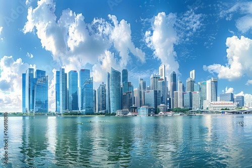 A city skyline with iconic skyscrapers in the background overlooking a large body of water
