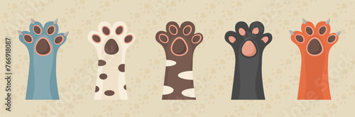 Vector set of cat’s paws illustrations, cute diary stickers with animals