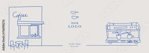 Hand drawn illustration of Coffee Shop and Coffee Machine. Illustration for cover design, food package, menu, background, café wall, coffee shop, web banner. Design for coffee cups. 