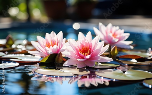 Pink water lilies float atop pond water