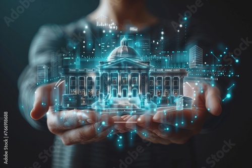 Public sector concept. government, education, health, municipal service, provide people infrastructure. Person hold public sector icon on virtual screen