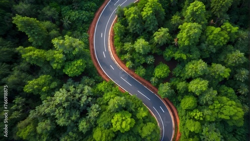 Overhead view of a road's elegant curves embracing the vibrant greenery of a forest in the monsoon period Generative AI