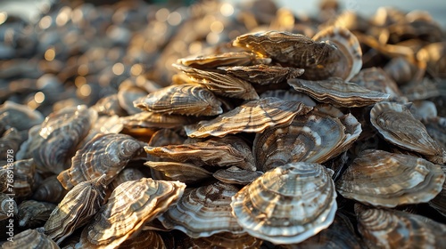 A mound of propagated oysters beside the river to look for pearls pearl harvesting lovely process and space, Generative AI.