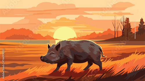 Wild boar in Sunset flat vector isolated on white background © Aina