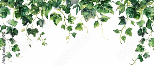 Watercolor Greenery border clipart, featuring a cascade of ivy and laurel, creating a verdant, inviting frame, isolated on white, perfect for botanical themes
