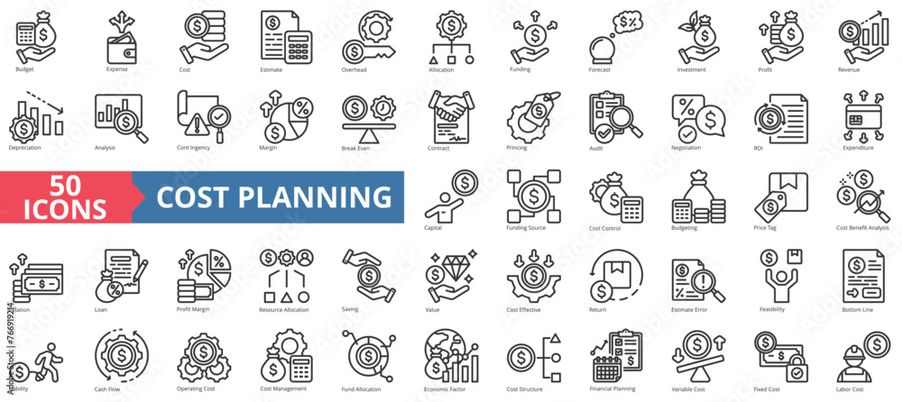 Cost planning icon collection set. Containing budget, expense, investment, estimate, overhead, allocation, funding icon. Simple line vector. Cost planning icon collection set. Containing budget, expense, investment, estimate, overhead, allocation, funding icon. Simple line vector.