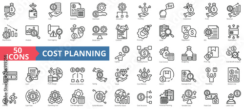 Cost planning icon collection set. Containing budget, expense, investment, estimate, overhead, allocation, funding icon. Simple line vector.