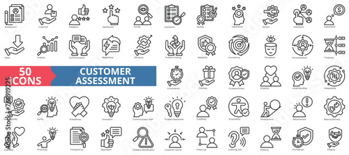 Customer assessment icon collection set. Containing service, feedback, satisfaction, survey, evaluation, quality, experience icon. Simple line vector.
