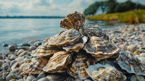 A mound of propagated oysters beside the river to look for pearls pearl harvesting lovely process and space, Generative AI.