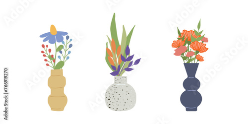 Set of bright spring and summer blooming flowers in vases and bottles isolated on a white background. Cartoon flat vector illustration.