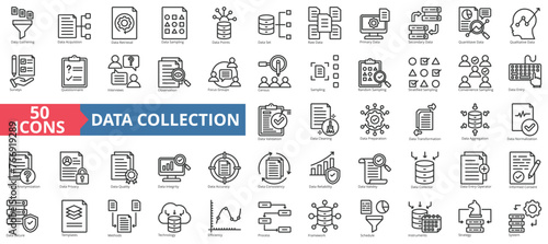 Data collection icon collection set. Containing gathering, acquisition, retrieval, sampling, points, set, primary icon. Simple line vector.
