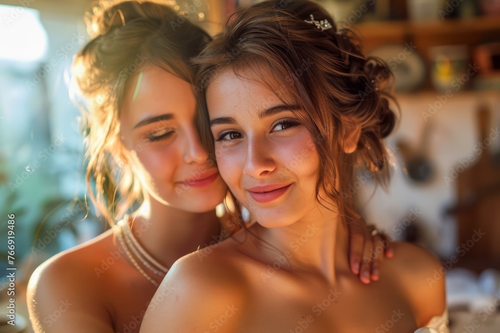 Close up of Two Young Women Sharing a Warm Embrace with Soft Smiles in Golden Hour Light Close up of Two Young Women Sharing a Warm Embrace with Soft Smiles in Golden Hour Light
