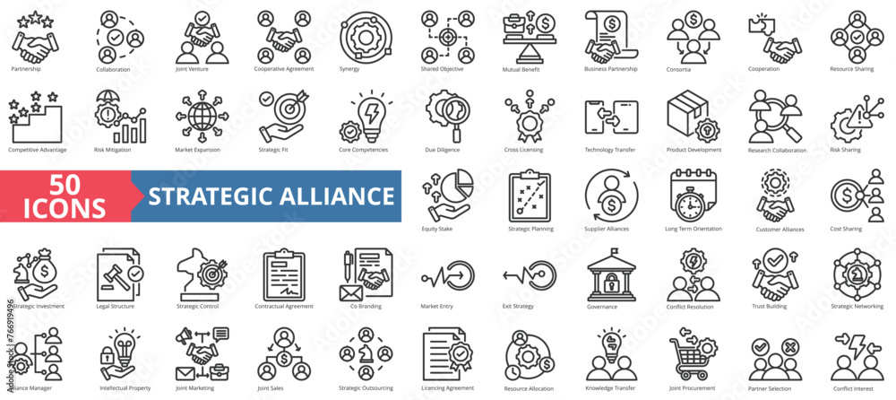 Naklejka premium Strategic alliance icon collection set. Containing partnership, collaboration, joint venture, cooperative agreement, synergy, shared objective, mutual benefit icon. Simple line vector.