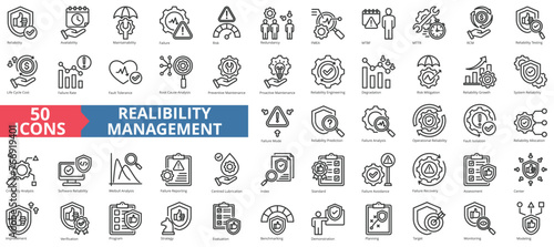 Reliability management icon collection set. Containing availability, maintainability, failure, risk, redundancy, fmea, mtbf icon. Simple line vector. photo