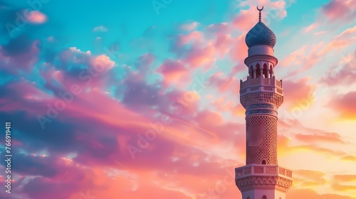 A mesmerizing view of a mosque s minaret against a colorful sunset  symbolizing the spiritual beauty of the holy month of Ramadan.