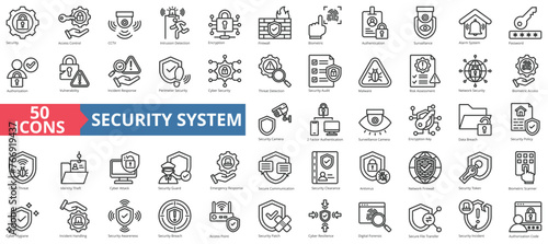 Security system icon collection set. Containing access control, cctv, intrusion detection, encryption, firewall, biometric, authentication icon. Simple line vector. photo