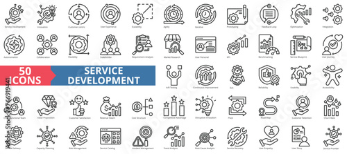 Service development icon collection set. Containing innovation, customer centric, user experience, scalability, agility, iterative, prototyping icon. Simple line vector.