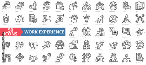 Work experience icon collection set. Containing job, career, position, responsibility, achievement, skill, teamwork icon. Simple line vector.