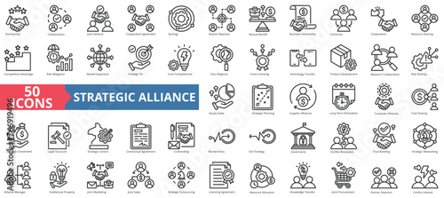 Strategic alliance icon collection set. Containing partnership, collaboration, joint venture, cooperative agreement, synergy, shared objective, mutual benefit icon. Simple line vector.