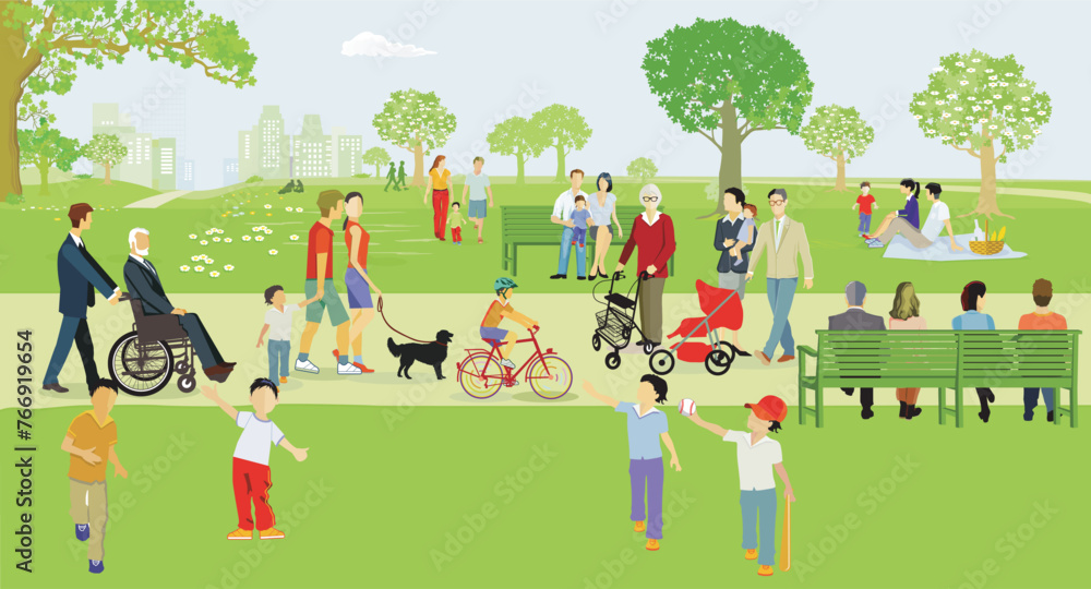 Erholung im Park mit Familien und andere Personen, Illustration Erholung im Park mit Familien und andere Personen, Illustration