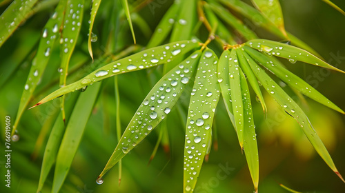 A close-up view of a bamboo plant  its glossy green leaves adorned with numerous water droplets. The droplets shimmer in the light