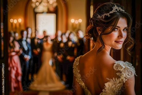 Radiant Bride in Lace Dress Gazing Back with Guests and Groom in Soft Focus at Elegant Wedding Venue