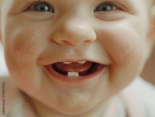 Close-up of a joyful baby with a beaming smile and the first signs of baby teeth, reflecting innocence and happy early childhood. laughter, cute, first-tooth, dental, health, growth, milestone