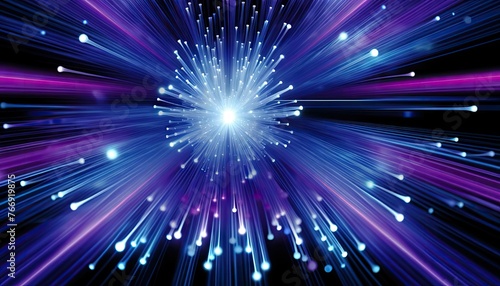 abstract illustration of digital big bang, burst of glowing fiber optic cables spreading light across a dark expanse, symbolizing high-speed data transmission and the expansion of digital information