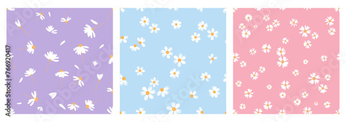 Seamless pattern with cute flower on purple, blue and pink backgrounds vector. Cute floral print.