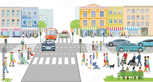 Großstadt Stadtsilhouette mit Straßenverkehr und Fußgänger auf dem Zebrastreifen, Illustration