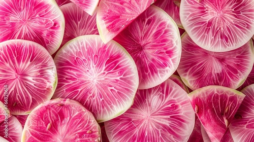 Clear, uncooked slices in-depth of a watermelon radish used as a texture backdrop in the entire shot and space, Generative AI. © Noobs