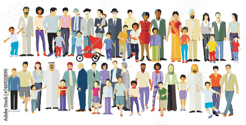 Eine große Gruppe von Eltern mit Kindern, isoliert illustration
