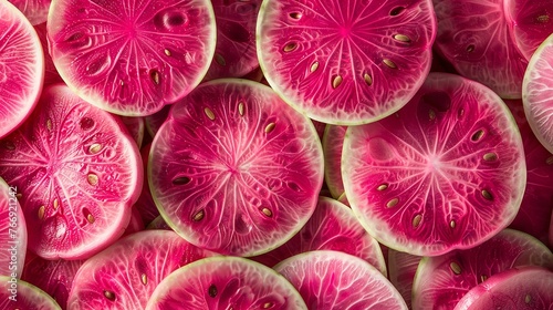 Clear, uncooked slices in-depth of a watermelon radish used as a texture backdrop in the entire shot and space, Generative AI. © Noobs