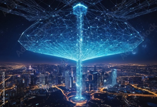 A towering digital structure pulses at the heart of a nocturnal city, symbolizing connectivity and technological advancement. Its network branches overshadow the urban sprawl, merging the virtual with photo