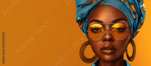 African woman with headscarf and yellow-tinted sunglasses. photo