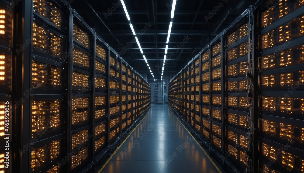Inside a data center, golden LED lights illuminate the rows of high-tech server equipment. The photograph showcases a quiet power of the information age. AI generation