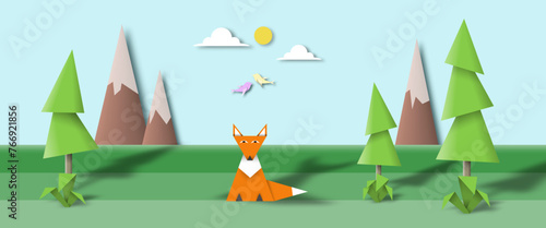 Illustration in vector format with nature background / scape / scenery and hand made paper elements of flora and fauna in style of papercut