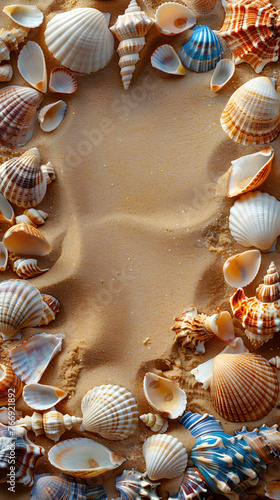 A scenic summer backdrop featuring golden sand scattered with a variety of seashells.