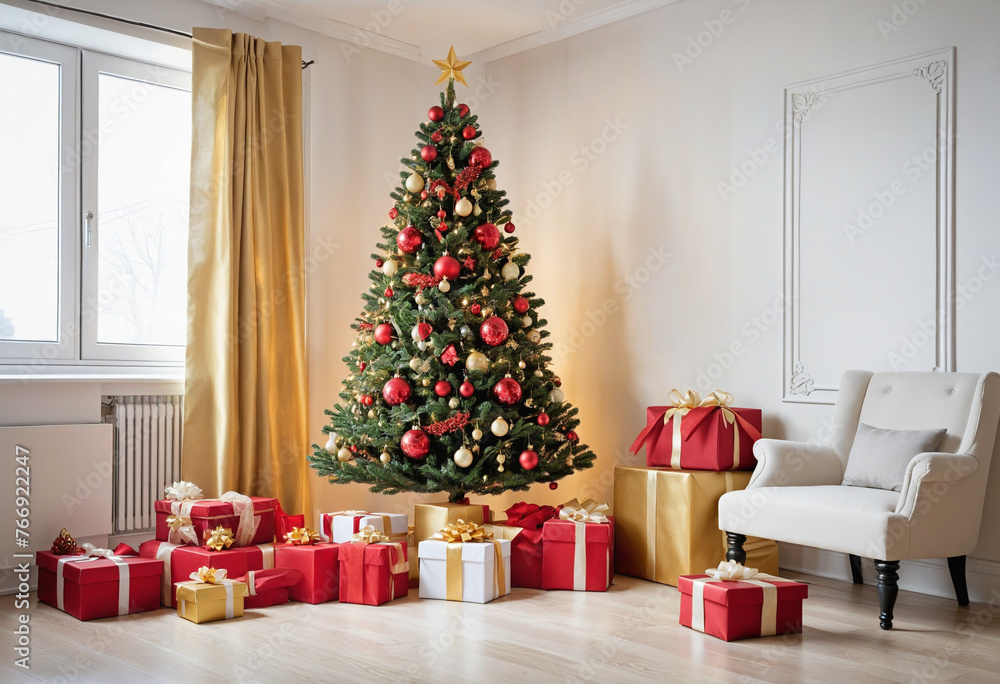 Christmas tree and gift boxes in red and golden colors in light white room interior colorful background
