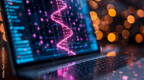 Luminous DNA Strand on Laptop Screen Over Bokeh Background, Biotech Concept AI-Generated
