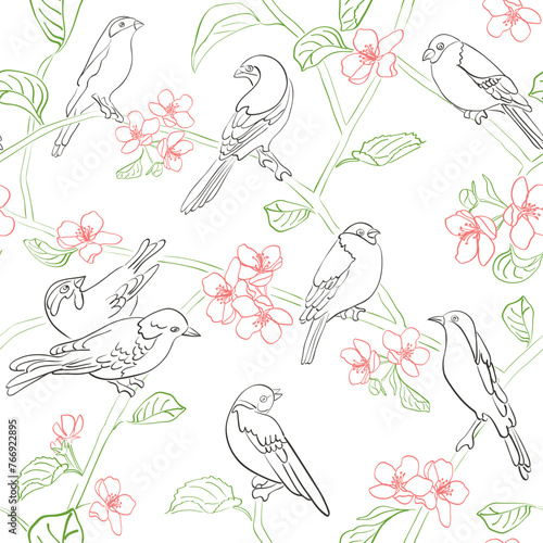 seamless background. Vector pattern with silhouettes of birds and apple tree flowers on white. Spring.
