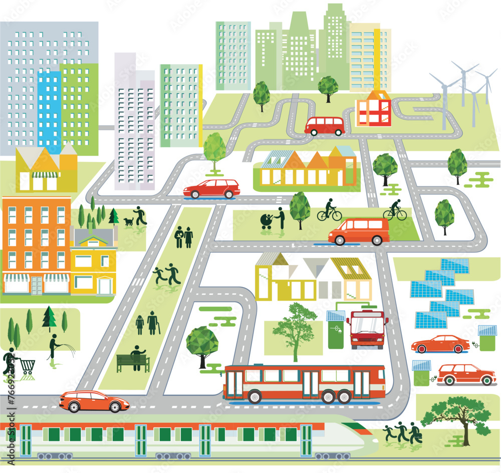 Stadtübersicht mit Verkehr und Häusern, Information illustration