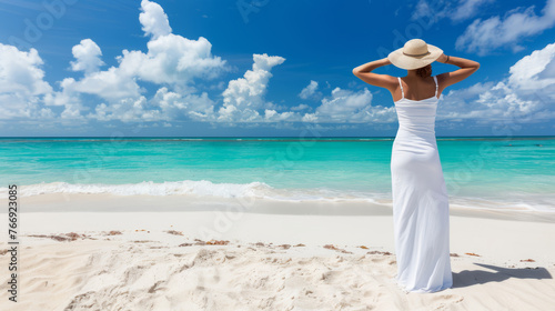 Elegant Woman in White Dress Enjoying Serene Beach Vista. Dress mockup