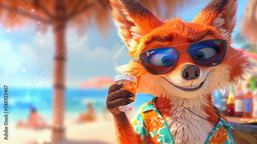 Cartoon fox drinking a cocktail at a beach bar in bright T-shirt and sunglasses. Summer vacation, mood. bright Illustration © masyastadnikova