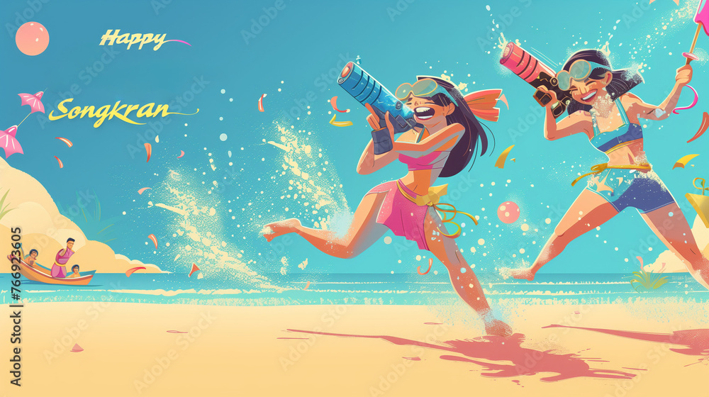 Two women are joyfully running on the golden sands of the beach, their laughter echoing in the air as they race against the crashing waves