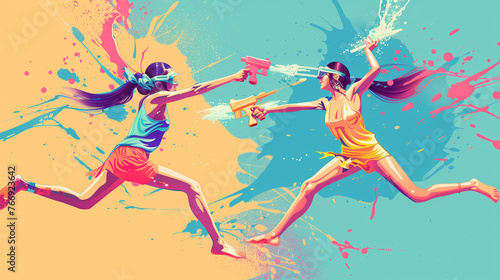 Two women joyfully run across a vibrant blue and yellow backdrop, embodying the spirit of celebration and freedom