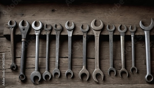 A complete set of spanner wrenches in increasing size order, neatly arranged on a worn wooden board. Reflects the tools' usage history and orderliness. AI generation