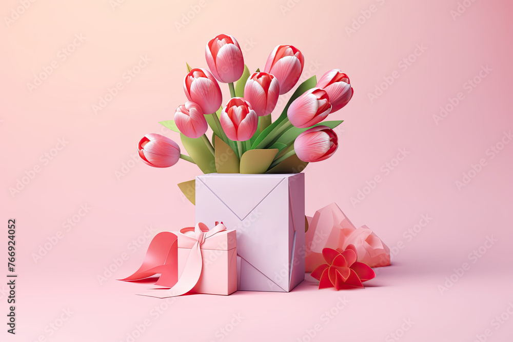 Obraz premium 3D Mother's Day Card. Gift Box with Pink Tulip Flowers. Blank Copy Space for Text, Mockup for Mother's Day, Women's Day, Wedding, Anniversary Banners, and Greeting Cards.