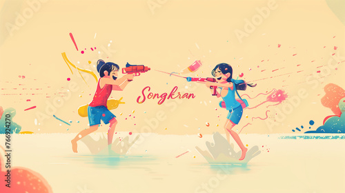A cheerful couple immersed in a lively game, engaging with laughter and excitement at the vibrant Songkran Festival